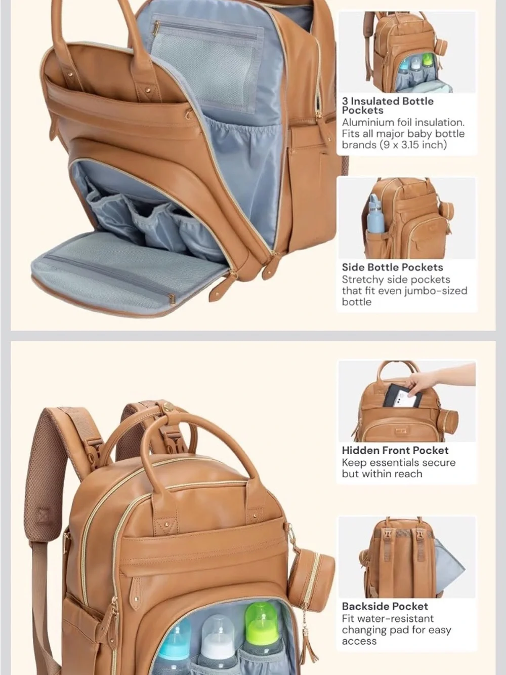 BabbleRoo Vegan Tan Leather Diaper Bag Backpack - Baby - Picture 5 of 5